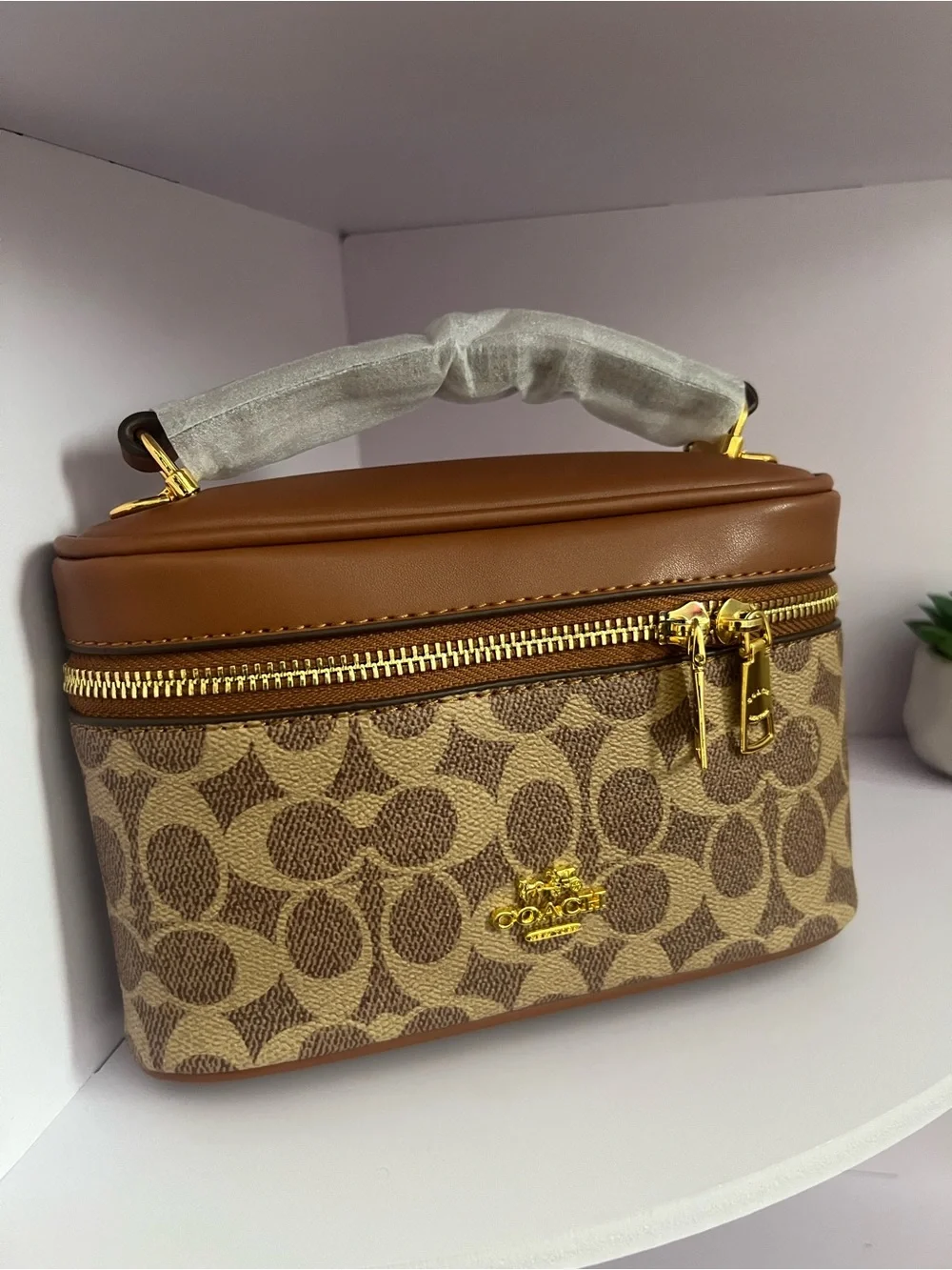 Coach Brown Signature Canvas Top-Handle Vanity Bag with Gold Hardware